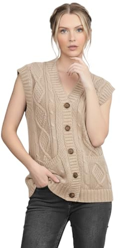 LUXFAB Women's Sleeveless Cable Knit Cardigan Girl’s 5 Button Grandad Vest Chunky Knit Waistcoat Winter Layering Piece | Casual Knitted Sweater Stone