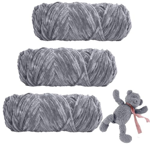 Chenille Wolle zum Häkeln, Velvety Baby Wool, 3 Rolle 100g Babywolle zum Häkeln Weich Chenille Wolle Stricken Soft Yarn Wool for Knitting and Crocheting(Grau)