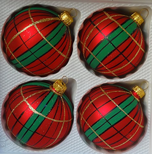Matte rot-grüne Weihnachtskugeln aus Glas mit schwarzen und goldglitzernden Streifen Durchmesser 8 cm 4er Set