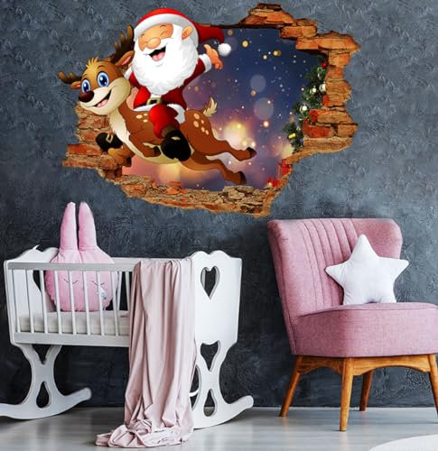 2-teilige 3d Zerbrochene Wand Elch Weihnachtsmann Wandaufkleber, Wohnzimmer, Kinderzimmer, Weihnachtsdekoration, Selbstklebende Papiertapete, 50 Bis 70cm