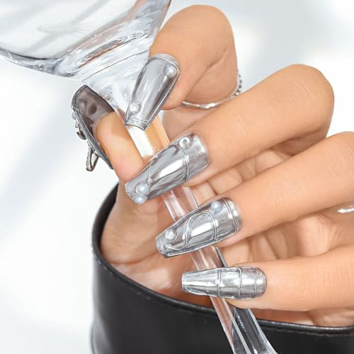 Sethexy Argent Longue ballerine Ongles pressés Paillettes Brillant Fait à la main Faux ongles Perle 3D Métallique Faux ongles Qualité salon pour femmes et filles 20PCS (C)