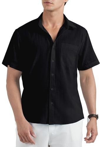HISDERN Mens Black Shirts Short Sleeve Linen Shirt for Men Casual Button Down Summer Beach Shirt with Pocket Regular Fit XL
