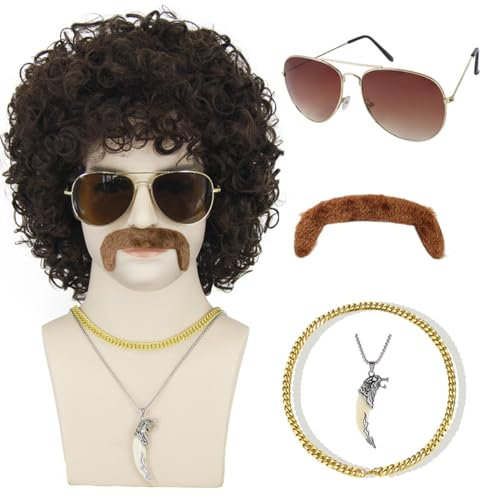 6pcs Set Vokuhila Perücke Herren 70er 80er Jahre Outfit Herren Disco Kostüm mit Zubehör Afro Perücke für 70er Jahre Bekleidung Herren Fasching Karneval Halloween (Braun) VD103BR