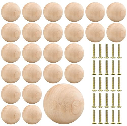 HEKOBAG 25 Piezas Tiradores de Muebles de Bolas de Madera, Pomos de Armario con Tornillos, Pomos de Armario de Bolas, Superficie Lisa, Pomos y Tiradores de Madera Redondos para Cajones Armario Puerta