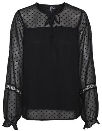 VERO MODA Vmleah LS Lace Top Wvn Ga Noos Camicia a Maniche Lunghe, Nero, S Donna