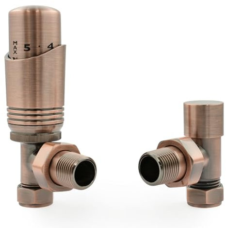 Hot Flow Antique Copper Cascade Angled Modern TRV Thermostatic Radiator Valve (Pair) Includes Angled TRV Body & One Lock Shield for Quick & Easy Temperature Control. Perfect for Energy Saving.