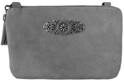 Trachtenland Damen Trachten Handtasche Sofia – Dirndl Umhängetasche aus Lederimitat mit Applikation & Troddel in Pastellfarben oder Schwarz (Dunkelgrau, ca. 18 x 12 x 8 cm)
