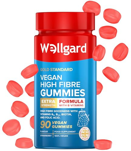 Vegan High Fibre Gummies Wellgard – High Strength Fibre Gummy Vitamins B₆, B₁₂, Biotin, and Folic Acid, Strawberry Flavour, UK Formulated