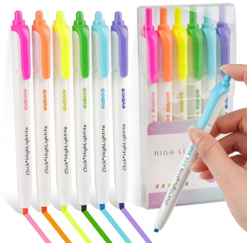 Textmarker Set 6 Stück, Einziehbares Highlighter Pen, 6 leuchtenden Farben, Aesthetic Marker Stifte mit Klick Technologie - perfekt zum Hervorheben von Tagebuch oder Notizbuch in Schule, Büro
