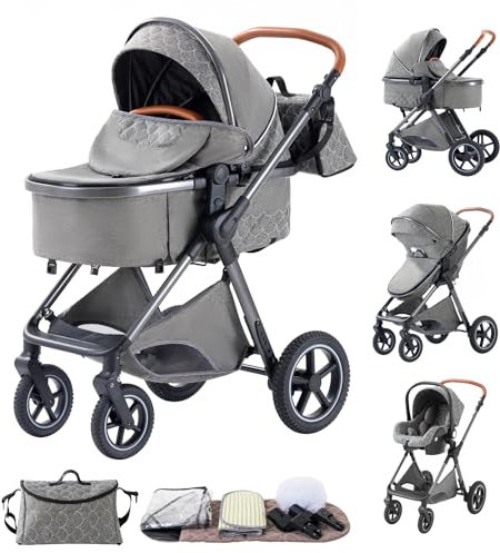 BEBBY Kombikinderwagen 3 in 1 Reisesysteme Standardkinderwagen Kinderwagen Buggy Neugeborener Tragbarer Reisewagen Faltbarer Aluminium Kinderwagen High Landscape Kinderwagen (Deepgrey-6)