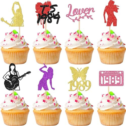 SYKYCTCY 24 Pack Music Singer Cupcake Toppers Colorful Guitar Popular Dance Singer Cupcake Picks I Love Legand Since 1989 for Lover's Concert Theme Birthday Party Cake Decorations Supplies