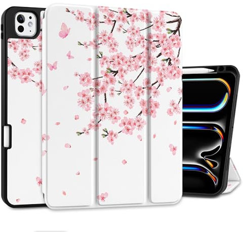 MEEgoodo Hülle für M4 iPad Pro 11 Zoll Hülle 2024, Tablet-Hülle mit dreifach faltbarem Ständer & Stifthalter & Auto Wake/Sleep & Soft TPU Back Cover, Kirschblüten