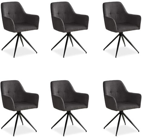 Homestyle4u 2729, Polsterstühle Esszimmer Grau Cord Stühle Esszimmerstühle 6er Set mit Armlehne drehbar Drehstühle