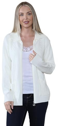 click2style Ladies Zip Pocket Cardigan Women Zipped Cable Knit Long Sleeve Jumper Plus Size Also Available (UK, Alpha, L, XL, Regular, Regular, Cream)