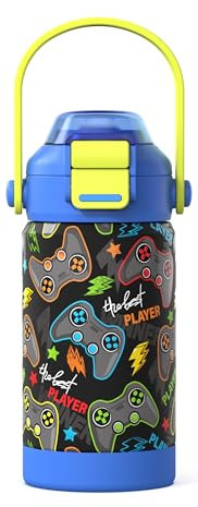 Kiocko Borraccia Bambini Acciaio Inox, 350ml Bottiglia Termica, Senza BPA, Bottiglia Acqua con Cannuccia, Per Scuola(Controller)