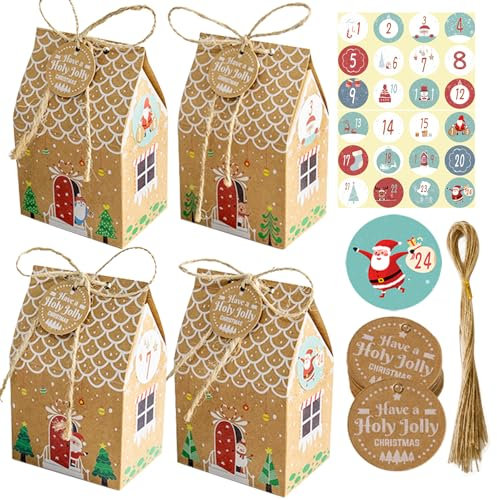 POPOYU 24Pcs DIY Weihnachten Haus geformt Adventskalender Papier Süßigkeiten Leckereien Geschenk-Boxen, DIY Weihnachten Adventskalender Box, Xmas Party Geschenk Handwerk Papier-Boxen mit AufkleberTags