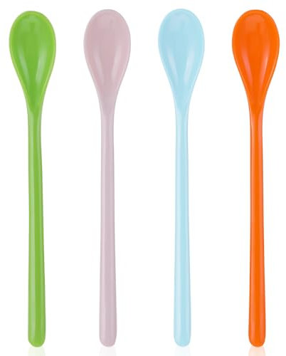 Lot de 4 cuillères longues multicolores en plastique - Longueur du manche - Grande cuillère à glace - Cuillères à œufs - Cuillères à dessert - Couverts colorés
