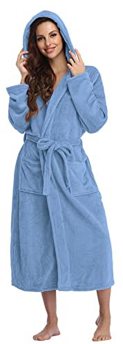 riou Karierte Pyjama Damen Leichter, weicher, Langer Flanell-Nachtwäsche, Kapuzen-Bademantel, Langer, Warmer Bademantel Damen Frottee Nachthemd Kurzarm (Blue, M)