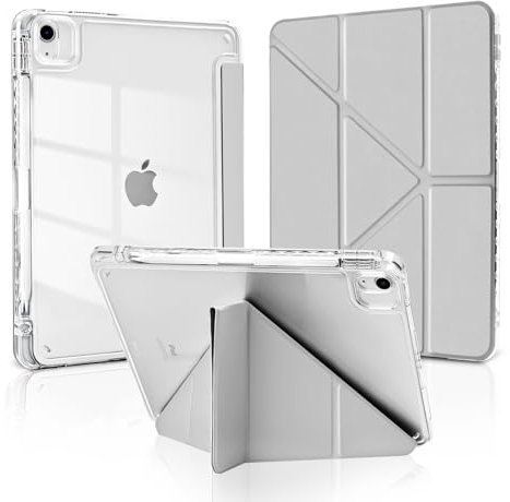 MuyDoux Funda Origami para iPad Air 11 6ª Gen M2 2024, iPad Air 5/4 10,9 Pulgadas (2022/2020) con Portalápiz, Soporte Vertical y Horizontal, Carcasa Trasera Transparente Clara Antigolpes, Gris