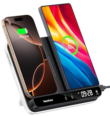 SwanScout 30W Dual Phone Wireless Charger for iPhone/Samsung/Google, Dual Phone Charging Station for iPhone 16–8, Galaxy S25-S10/Z Flip, Pixel 9-3, SwanScout 504, Wireless Charger for 2 Phones