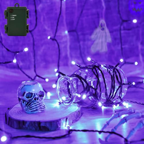 Isisyu Halloween Lights Outdoor, 3M 30LED Purple Fairy Lights Battery Operated with 6-Hour Timer, Green Wire IP65 Waterproof Halloween Decoration Lighting for Christmas, Party, Holiday, Hallo