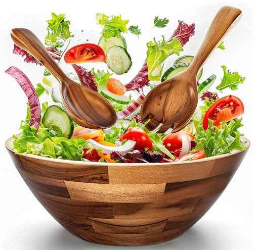Tidita Acacia Wood Salad Bowl Set with 2 Wooden Hands, Large Salad Bowl with Serving Utensils, Big Mixing Bowl for Fruits, Salad,Pasta (12 Diameter x 4.5 Height) (Acacia, 12.5 dia)
