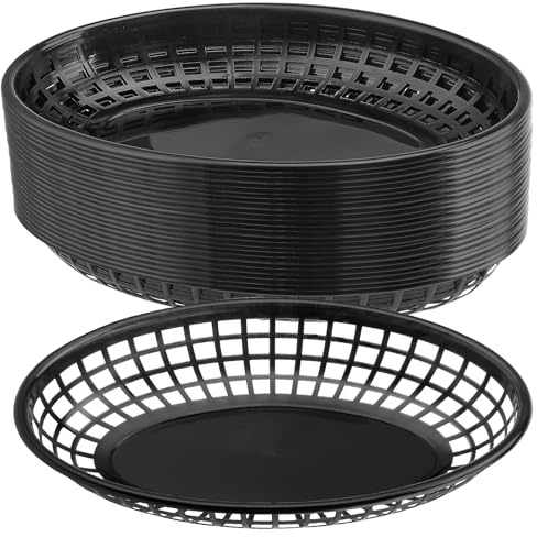 HEIYUET 40 Stück Fast Food Körbe Schwarz, 23x14,5x4cm Kunststoff Pommes Körbchen Schwarz Ovale Lebensmittelkörbe, Servierkörbe Plastik für Pommes, Burge, Sandwiches