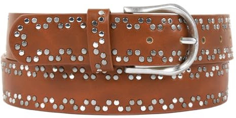 Zakatte • Damen Nietengürtel aus Kunstleder Jeansgürtel Damengürtel Taillengürtel Hüftgürtel Bikergürtel BS051 (Cognac, 105 cm)