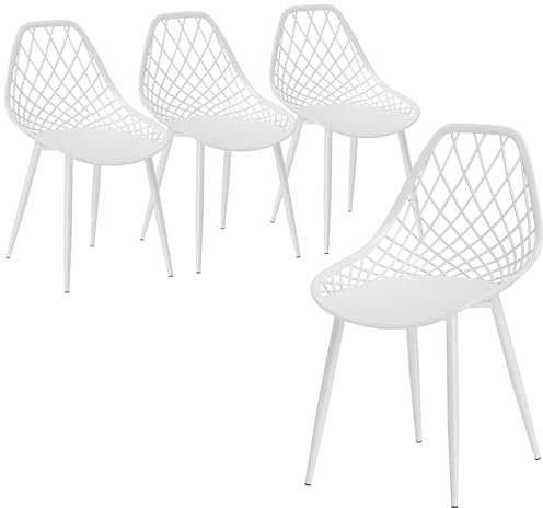 HOMCOM Juego de 4 sillas de comedor, sillas de cocina modernas con respaldo curvo y perforado y patas de metal, sillas de plástico para cocina, dormitorio y salón, color blanco