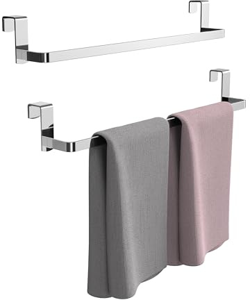 WZRUA Over Cabinet Towel Rail,2 PCS 35.5cm Stainless Steel Kitchen Towel Rack,Over Cupboard Door Holder,Anti-Slip Scratch Protecting,No Drilling or Adhesives(Chrome)