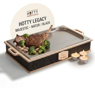 INEXTERIOR – Hotty Legacy Warmhalteplatte zum Grillen – BBQ Warmhaltebehälter für Speisen – Grillgut Stövchen – Speisenwärmer mit Teelicht – BBQ-Board für Grillpartys (All Black, XL, personalisierbar)
