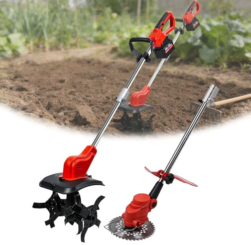 Diese 2-in-1 Akku-Gartenfräse und Unkrautentferner-Kombination, die gleichzeitig als Rasenmäher dient, arbeitet mit 300 U/min und eignet Sich für Gemüsegärten, Hänge und Obstgärten.