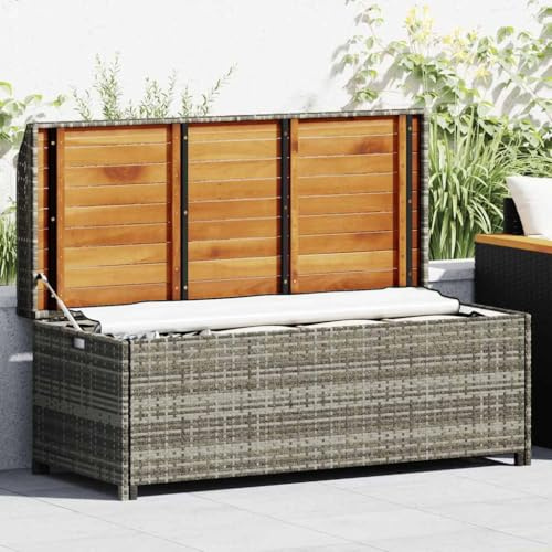 KHGPOTYU Poly Rattan Storage Bench 120 cm Grey with Lining, Outdoor Storage Bench with Acacia Wood Slats for Garden and Patio, Spacious Trunk for Cushions and Supplies