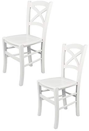 t m c s Tommychairs - 2er Set Stühle Cross für Küche und Esszimmer, robuste Struktur aus lackiertem Buchenholz im Farbton Weiss und Sitzfläche aus lackiertem Holz in der Farbe Weiss