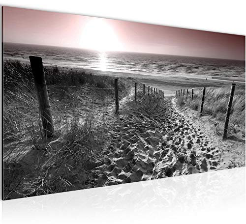 Runa Art Wandbild Strand Sonnenuntergang 1 Teilig 100 x 40 cm Modern Bild auf Vlies Leinwand Landschaft Schlafzimmer Wohnzimmer Grau Rosa 018412b