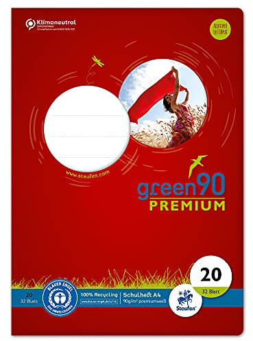 Staufen Green Heft - DIN A4, Lineatur 20 (blanko), 32 Blatt, premiumweißes 90g/m² Recyclingpapier, runde Ecken verhindern Eselsohren, 4 verschiedene Motive (keine Auswahl möglich), 1 Stück