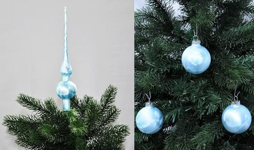 JACK by Thüringer Glas Eislack Christbaumspitze 28cm + 12x Christbaumkugeln 6cm Spitze Weihnachtskugel Set, Farbe:Himmelblau Eislack
