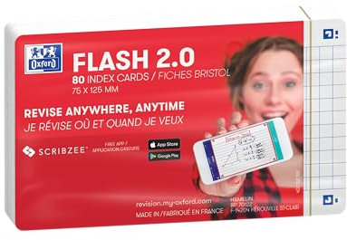Oxford FLASH 2.0 Karteikarten A7, Lernkarten, 75x125mm, kariert, weiss, 80 Blatt