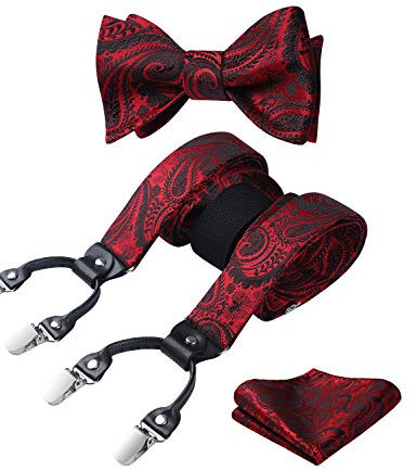 HISDERN Herren Hosenträger Rote mit 6 starken Clips Extra Breit Paisley Y Form Hosenträger für Herren mit Fliege Einsteckuch Set