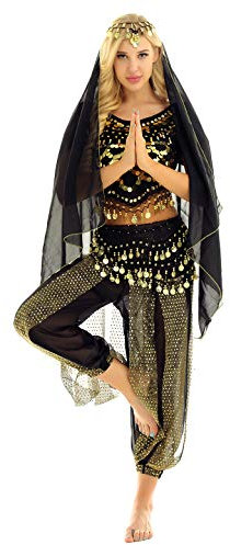 TiaoBug Damen Prinzessin Kostüm Set Pailletten Crop Top + lange weite Hose + Stirnband mit Strass Verkleidung für Karneval Fasching Cosplay Party Tanz Schwarz Bauchtanz Set Einheitgröße