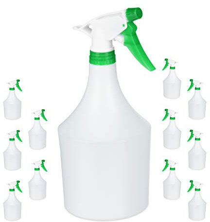 Relaxdays Set de 12 pulverizadores 1 Litro, Boquilla Ajustable, Bote de Spray con Escala, de Plástico, Blanco y Verde