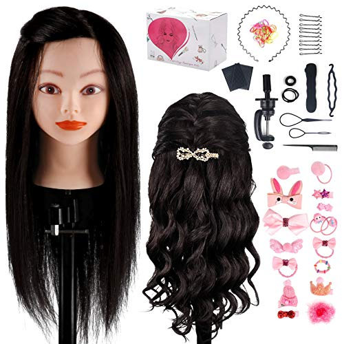 TwoWin 18 45cm Trainingsköpfe 100% Echthaar Schwarz Kosmetologie Puppe Friseur Training Modell Mannequin Kopf mit Halterung, DIY Haar Zubehör Styling, Geeignet zum Glätten Locken Dauerwelle