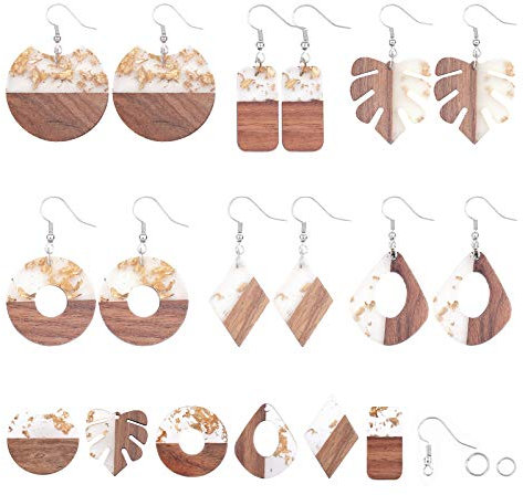 SUNNYCLUE 6 Paar Harz Holz Baumeln Tropfen Ohrringe Basteln Starter Kit Runde Rechteck Blatt Schmuck Anhänger Basteln Zubehör Für Frauen Mädchen Anfänger Platin Farbe