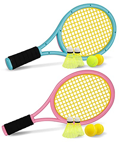 Crefotu Tennis Racket Set for Children,17 Inch Racquet with 3 Soft Balls,1 Tennis Ball and 4 Badminton Balls for Toddler Indoor/Outdoor Sports