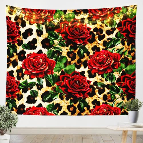 Feelyou Leopard Print Tapestry for Bedroom Rose Flower Wall Hanging for Kids Girls Women Room Decor Red Floral Petal Pattern Wall Blanket Branches Green Leaf Cheetah Print Wall Art Medium 59x59