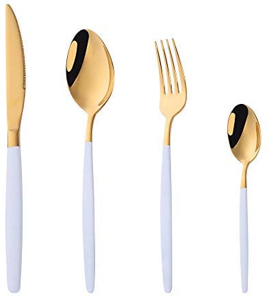 Buyer Star White and Gold Cutlery Sets, 4 Piece Stainless Steel Cutlery Flatware Set Tableware for Daily Life Service for 1, 1 x Dinner Fork, 1 x Dinner Knife, 1 x Soup Spoon, 1 x Teaspoon