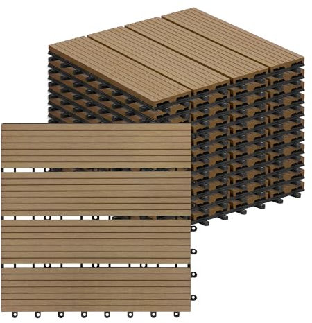 Laneetal Set di 11 Pavimento per Esterno, Pavimento WPC Incastro, Piastrelle per Decking a Incastro per Giardino, Patio, Terrazza, Balcone, Pavimentazione Esterna 30x30cm, Caffè Chiaro