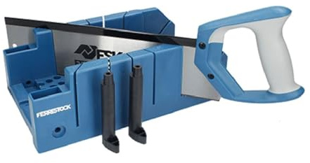 Ferrestock FSKING001 set ingletadora de plástico de alta calidad, con sistema de ajuste y ángulos de corte 90°, 45° y 22,5°, incluye serrucho con dentado especial