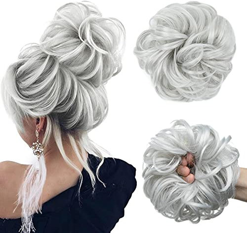 JJstar Haarteil Mit Gummiband, Groß Dutt Haarteil Gelockt Haargummi Mit Haaren Hochsteckfrisuren Haarverlängerung Messy Bun Haarteile für Damen Mädchen Pferdeschwanz (Silber-Grau)