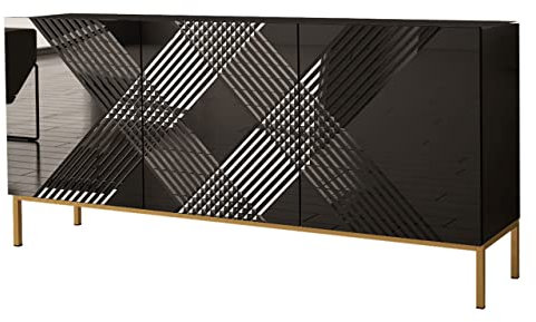 Mirjan24 Kommode Elarate 160 mit 3 Türen, Griffloses Öffnen, Metallgestell, Highboard, Anrichte, Sideboard, Mehrzweckschrank, Wohnzimmerschrank, Schrank (schwarz/schwarz Hochglanz)